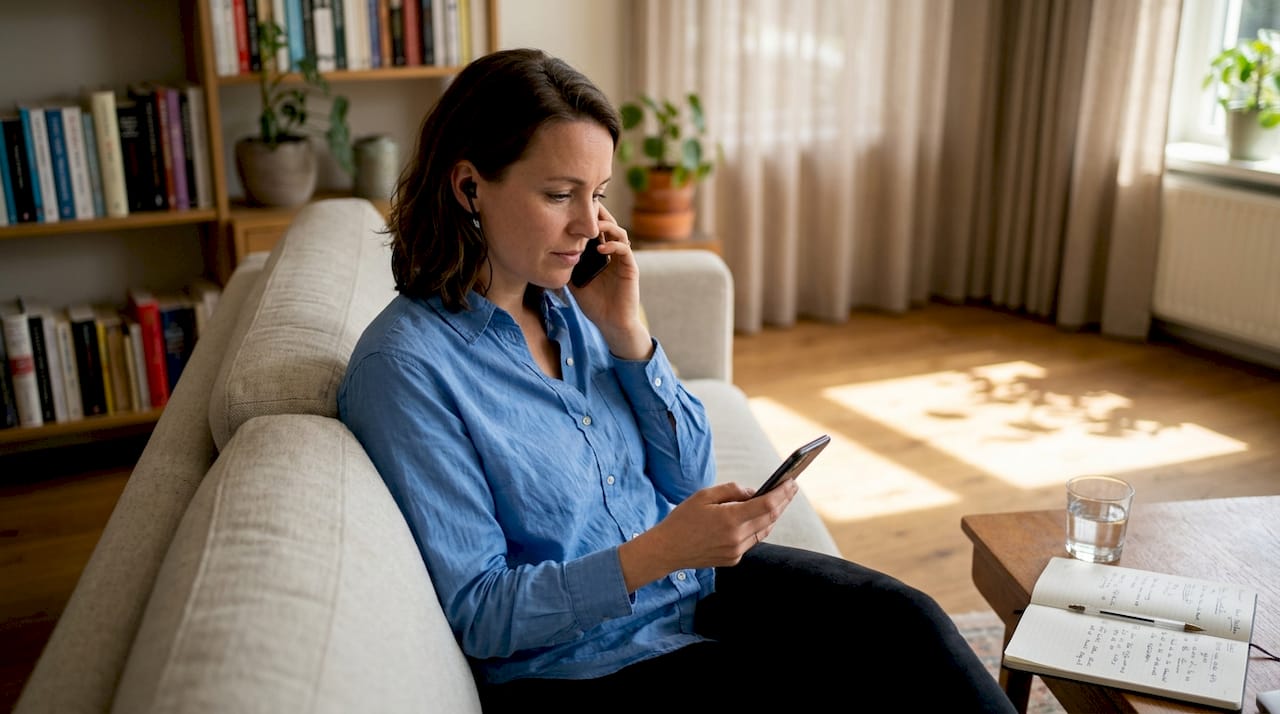 Vrouw beoordeelt de service van een doorschakeldienst tijdens een telefoongesprek