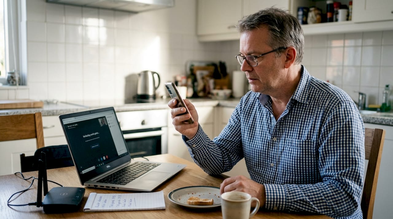 Man probeert bellen via wifi uit in de keuken