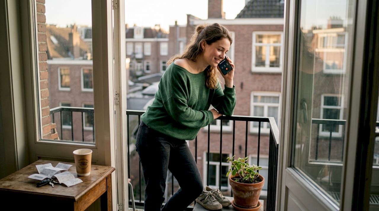 Vrouw voert telefoongesprek met het buitenland vanaf stadsbalkon