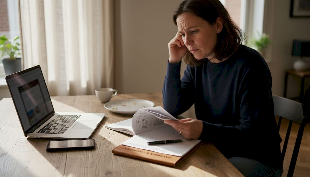 Aan de keukentafel zoekt een vrouw het telefoonnummer van een bedrijf op.
