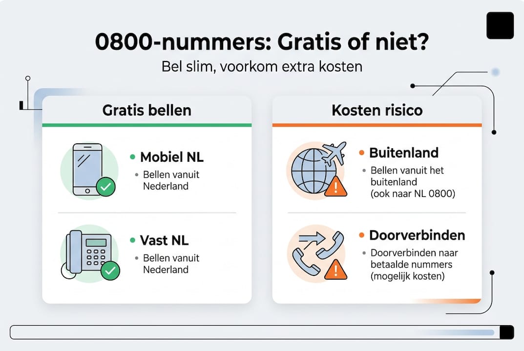 Infographic met overzicht van gratis 0800-nummers en eventuele kosten
