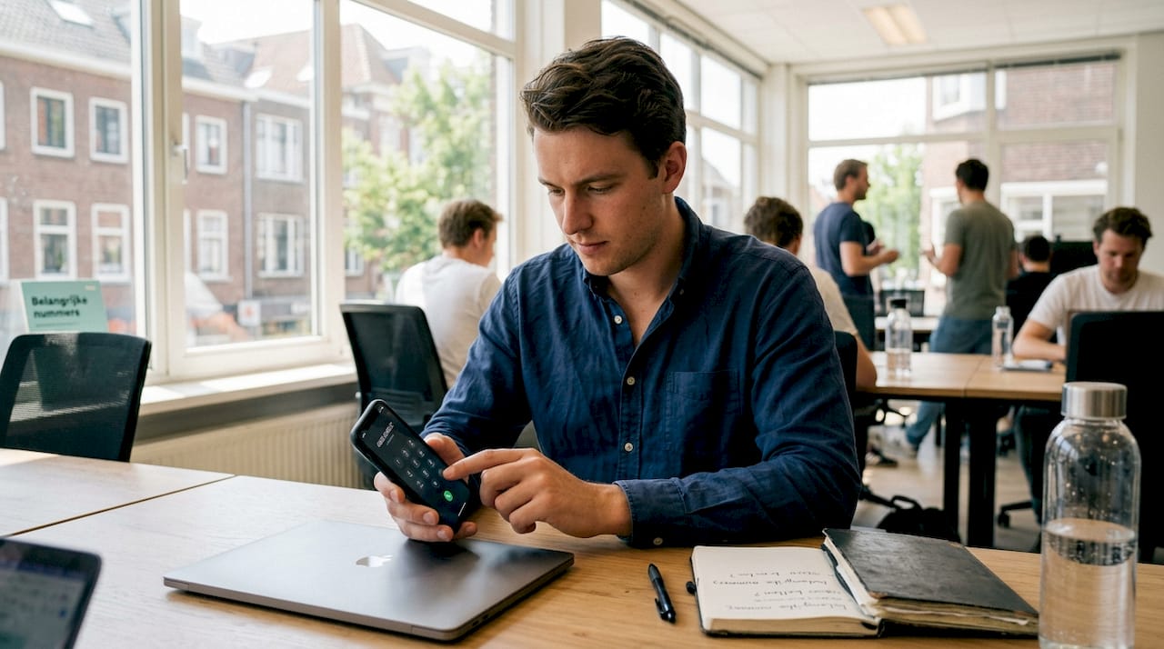Man bekijkt op kantoor de kosten van het bellen naar een 0800-nummer