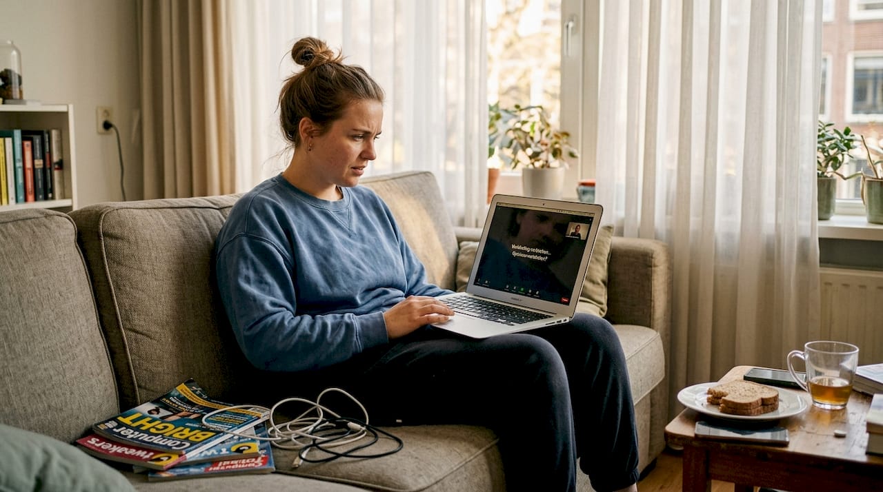 Vrouw controleert haar internetverbinding voordat ze een videogesprek start