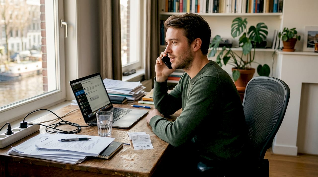 Man voert privégesprek via de Signal-app achter zijn bureau