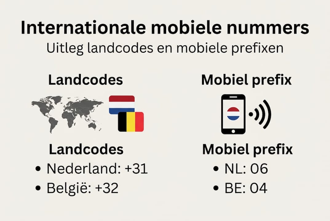 Overzichtelijke infographic met uitleg over internationale mobiele nummers, landcodes en prefixen