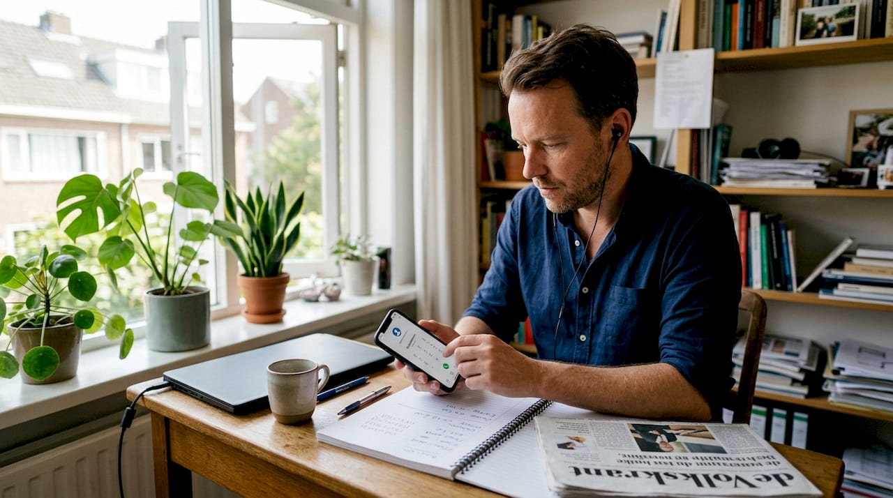 Een man voert een telefoongesprek via een VoIP-app vanuit zijn home office.