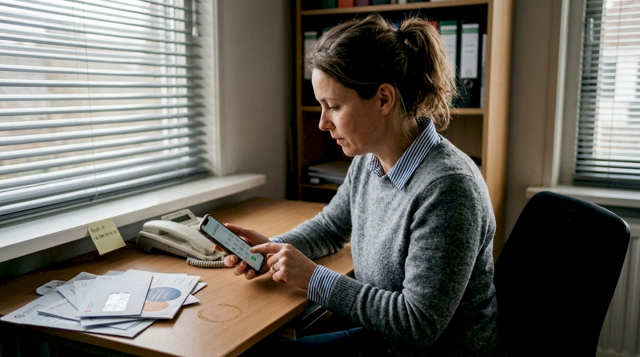 Een vrouw zit achter haar bureau en belt naar het buitenland.
