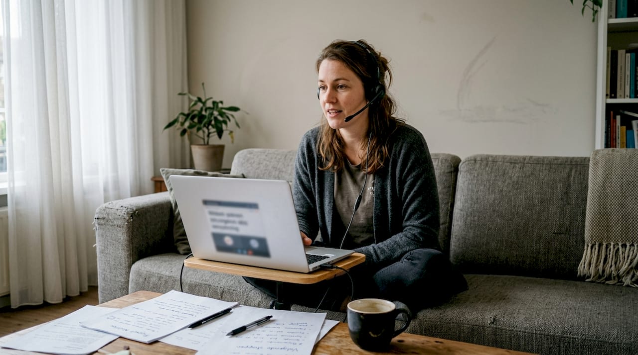 Een vrouw zit ontspannen in de woonkamer terwijl ze via een VoIP-app aan het bellen is.
