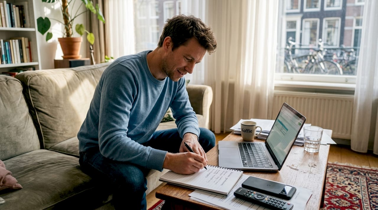 Een man houdt in een schrift bij hoeveel belminuten hij gebruikt.