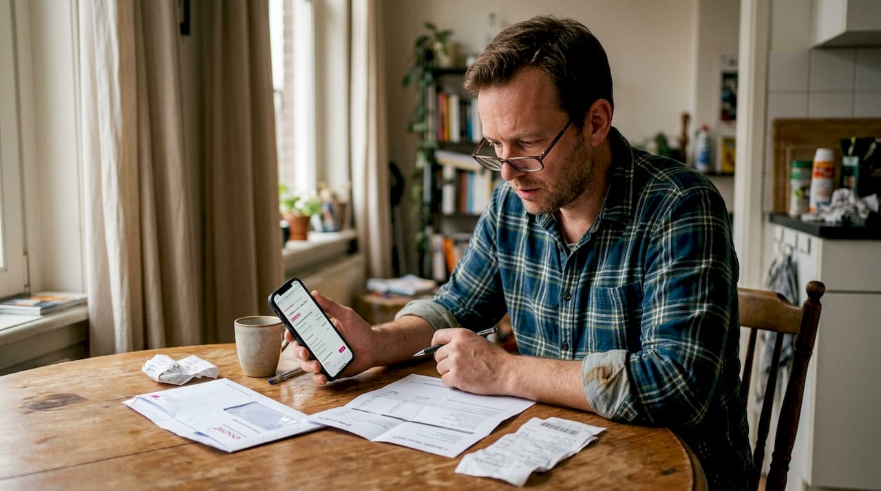 Aan de keukentafel bekijkt een man aandachtig zijn telefoonrekening.