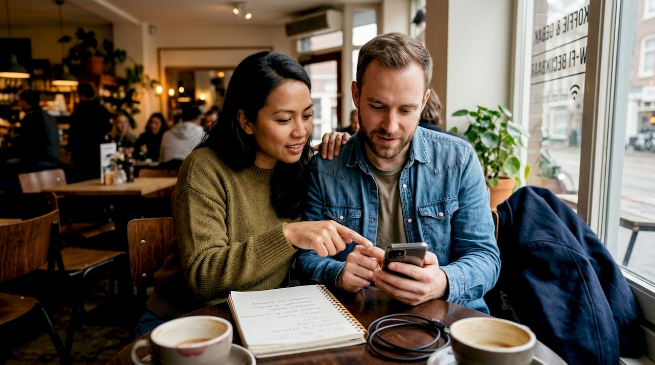Vrienden die in het café samen verschillende sim only-abonnementen vergelijken