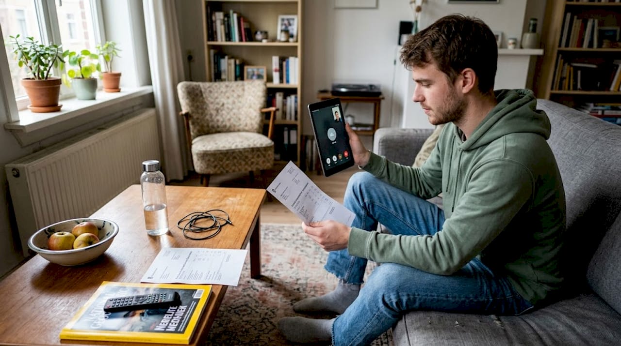 Man voert een VoIP-gesprek terwijl hij zijn telefoonrekening bekijkt.