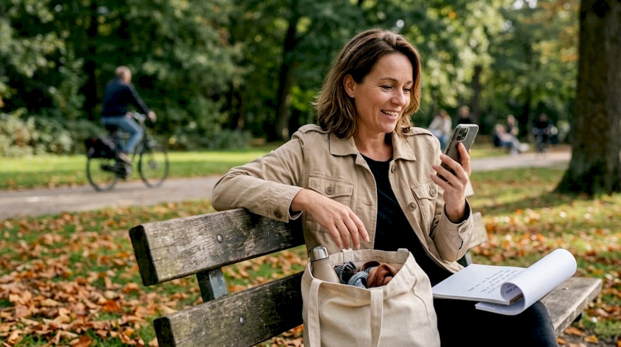 Een vrouw voert een videogesprek met iemand uit het buitenland terwijl ze in het park zit.