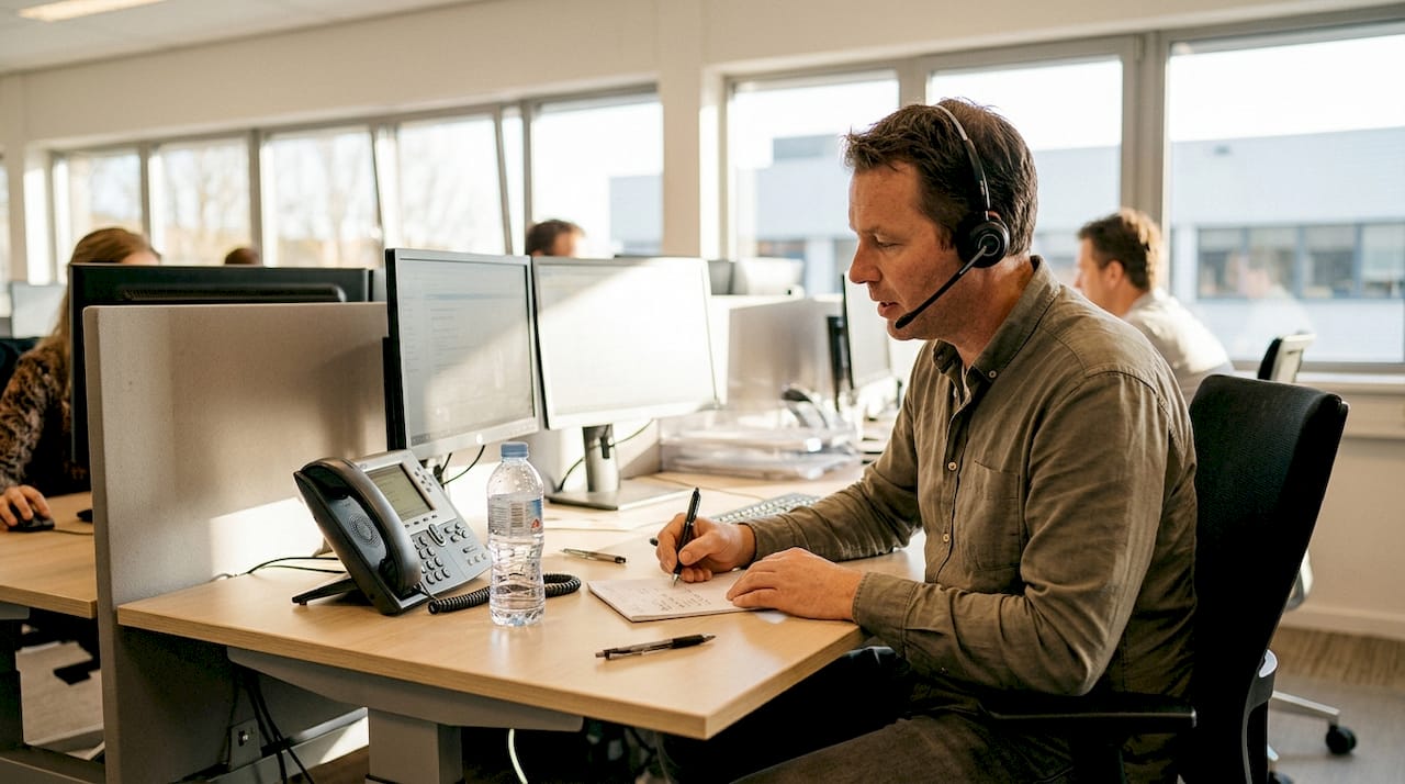 Op kantoor maakt een medewerker gebruik van AI-telefonie via VoIP.