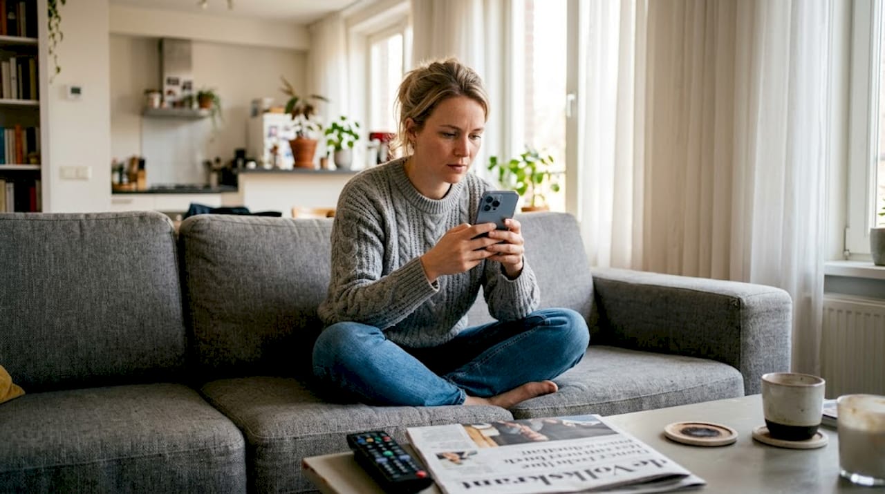Een vrouw kijkt wie haar belt terwijl ze in de woonkamer zit.