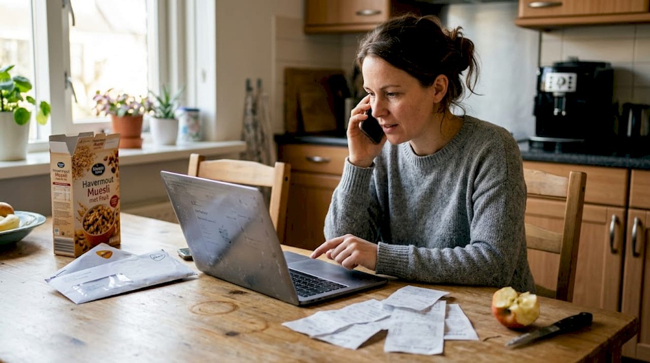Vrouw bekijkt haar mobiele rekening om te zien wat de kosten zijn voor bellen naar 0800-nummers.