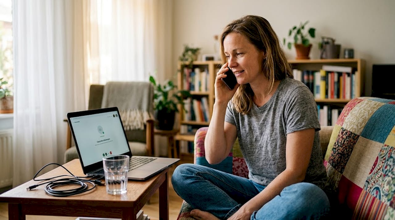 Vrouw voert een internationaal telefoongesprek via een VoIP-app