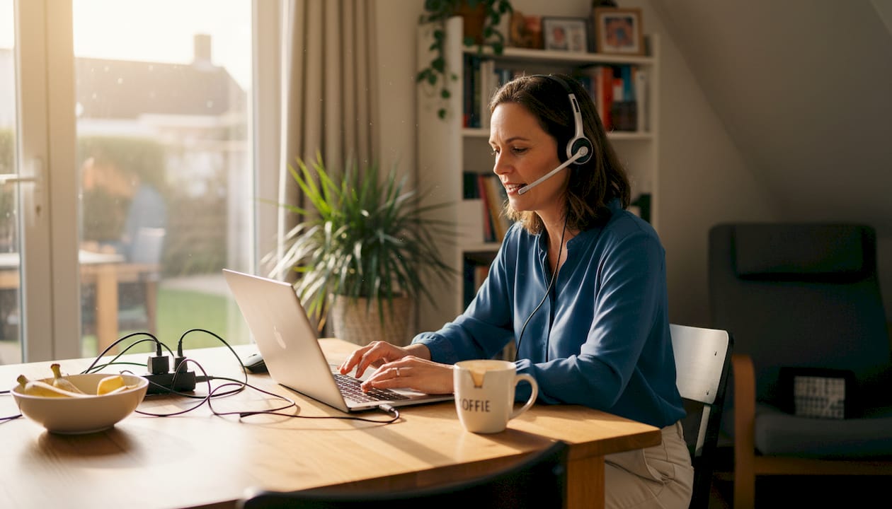 Een vrouw werkt vanuit huis en gebruikt daarbij een VoIP-headset.