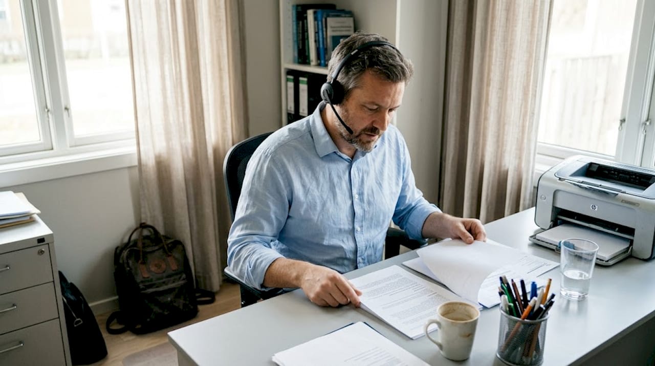 Freelancer aan het werk met headset achter zijn bureau
