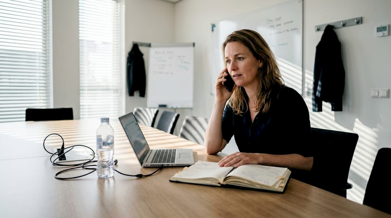 Zakenvrouw voert internationaal telefoongesprek op kantoor