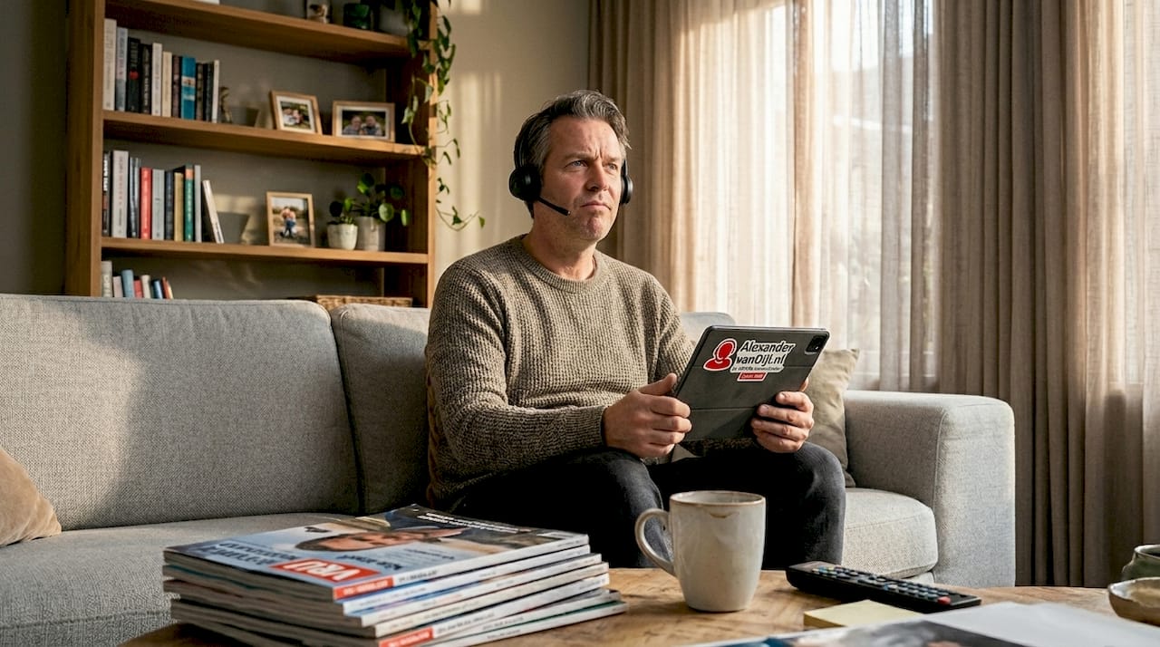 Man belt via VoIP-app vanuit de woonkamer