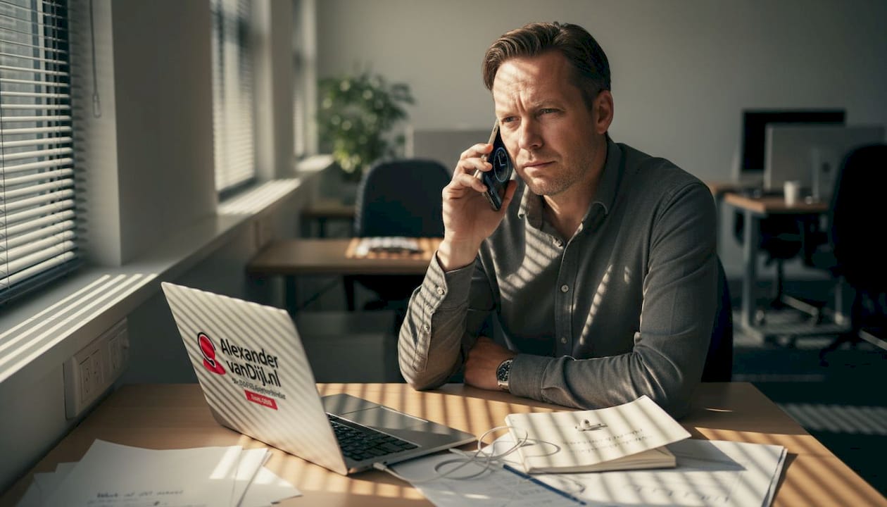 Een man zit op kantoor en wacht terwijl hij aan de telefoon is.