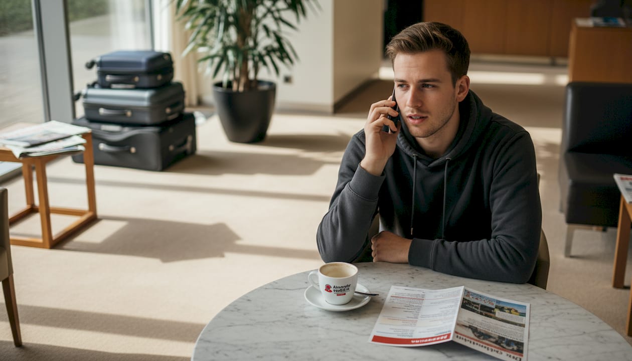 Iemand staat in de hotellobby te bellen, met koffers naast zich.