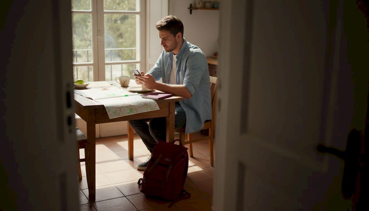Een jonge avonturier bladert op z’n telefoon terwijl hij aan de keukentafel zit.