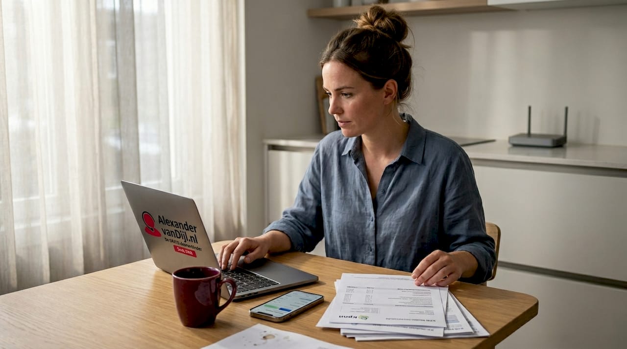 Thuiswerkplek waar een vrouw haar telefoonrekening controleert