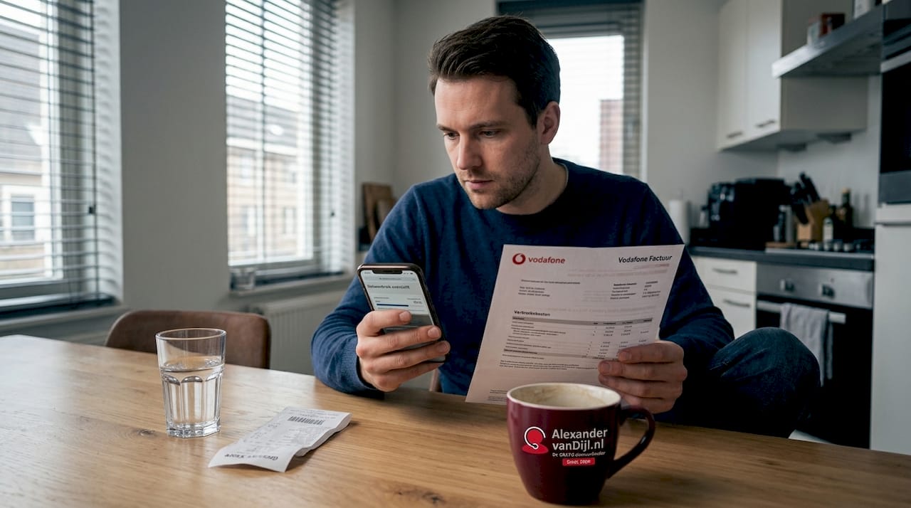 Man zit aan de keukentafel zijn Vodafone rekening te bekijken.