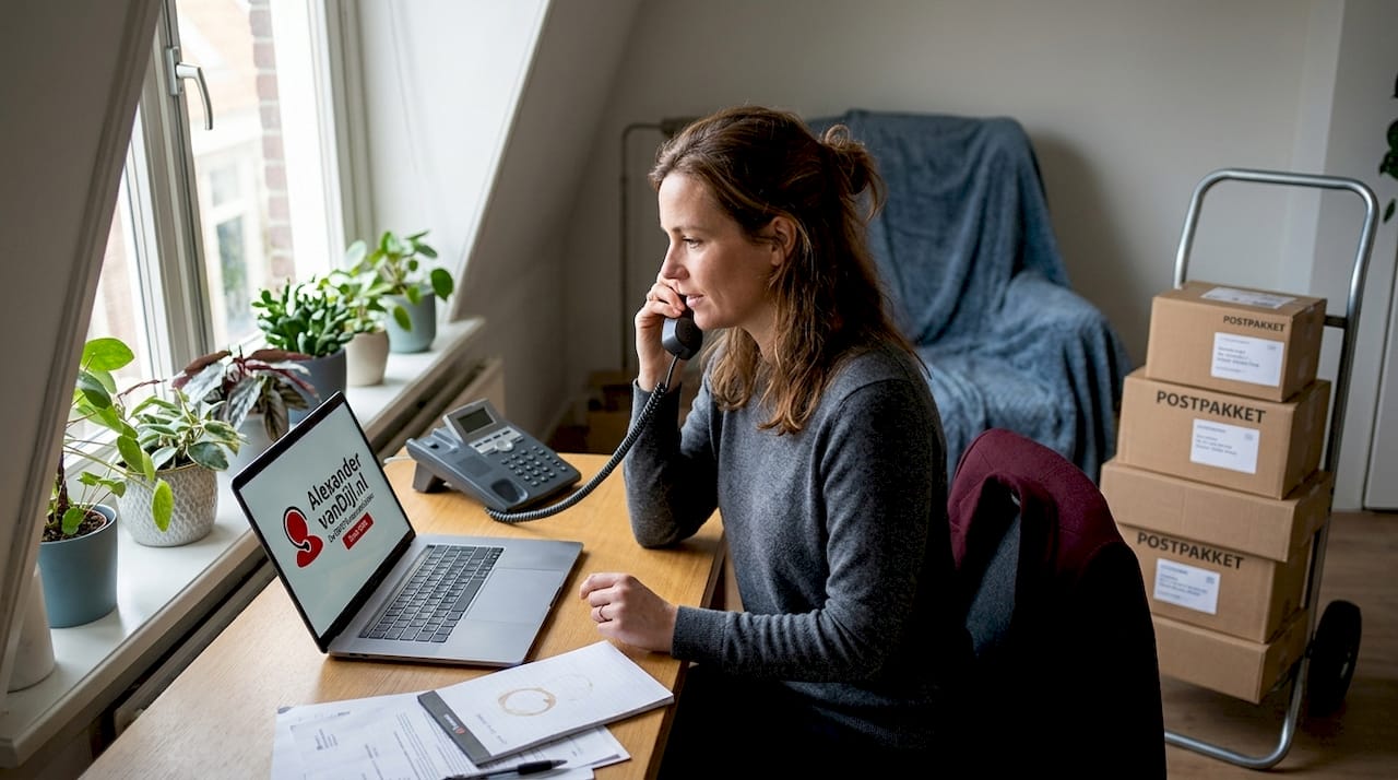 Een ondernemer voert vanuit huis een zakelijk telefoongesprek.