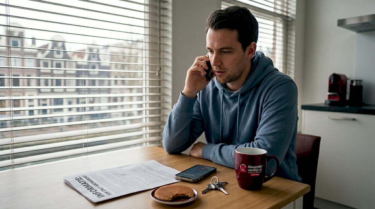 Een man voert een telefoongesprek terwijl hij in een typisch Nederlandse keuken staat.