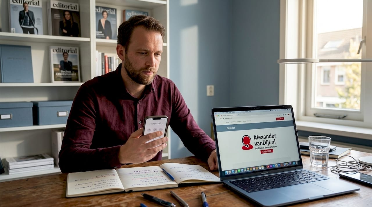 Een man voert thuis aan zijn bureau een internationaal telefoongesprek via zijn smartphone.