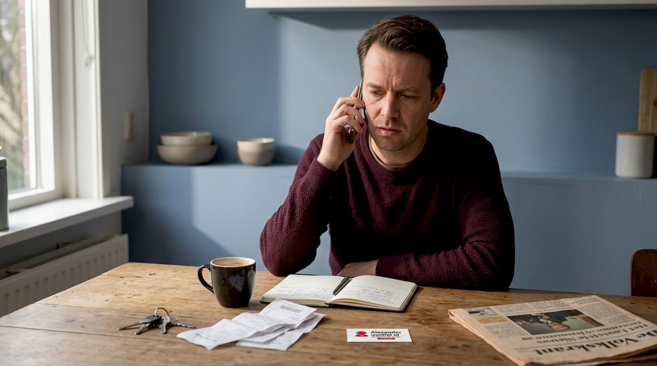 Terwijl hij aan de keukentafel zit met allerlei papieren voor zich, pakt een man zijn telefoon om het informatienummer te bellen.