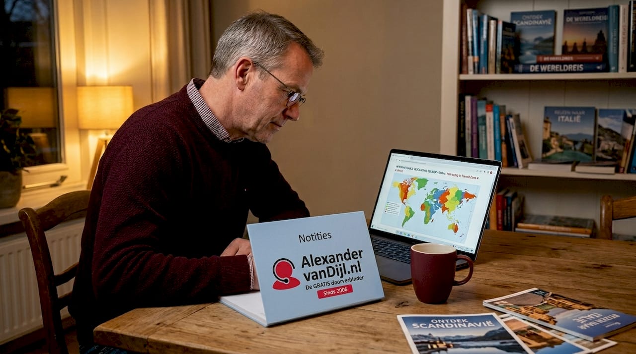 Een man zit aan tafel en bestudeert een wereldkaart om te achterhalen in welke landen hij met zijn telefoon kan bellen.
