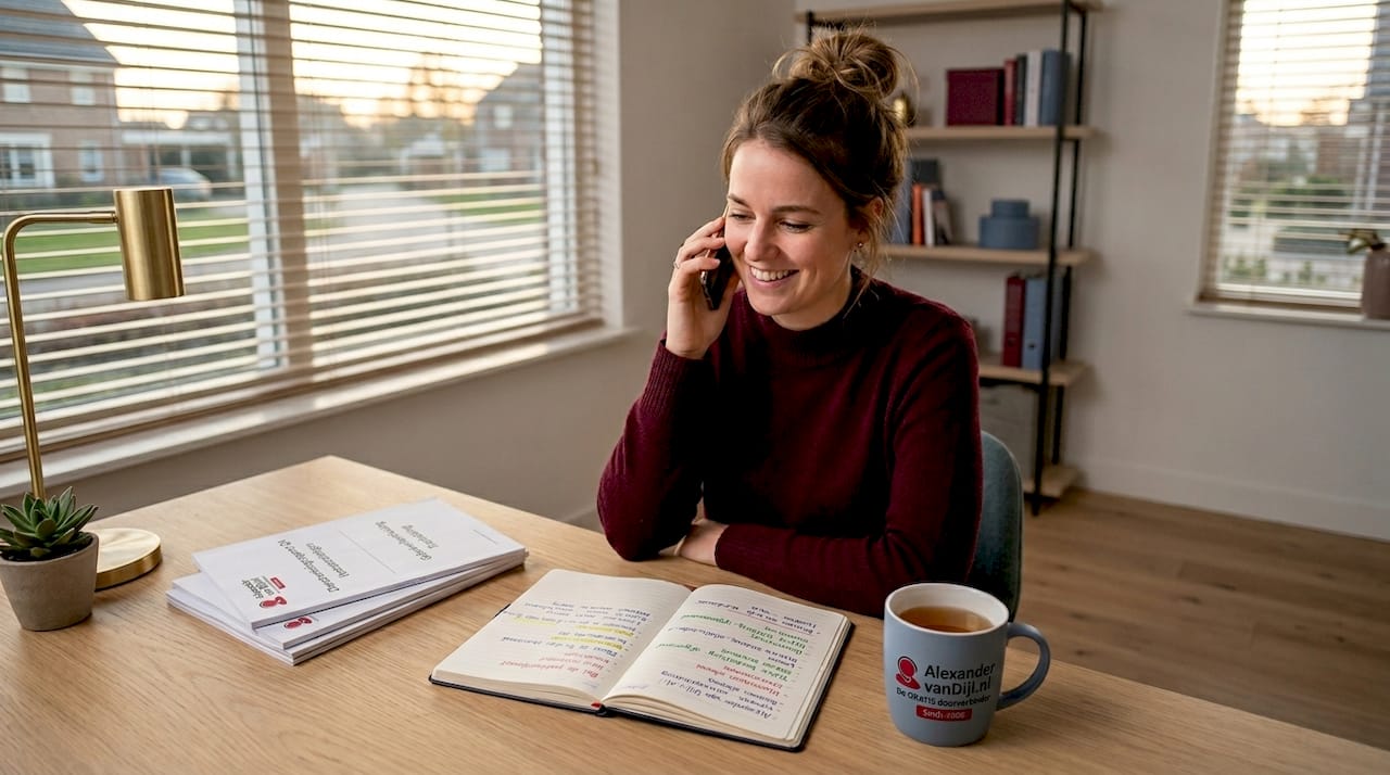 Een vrouw voert een gratis telefoongesprek aan de keukentafel bij haar thuis.