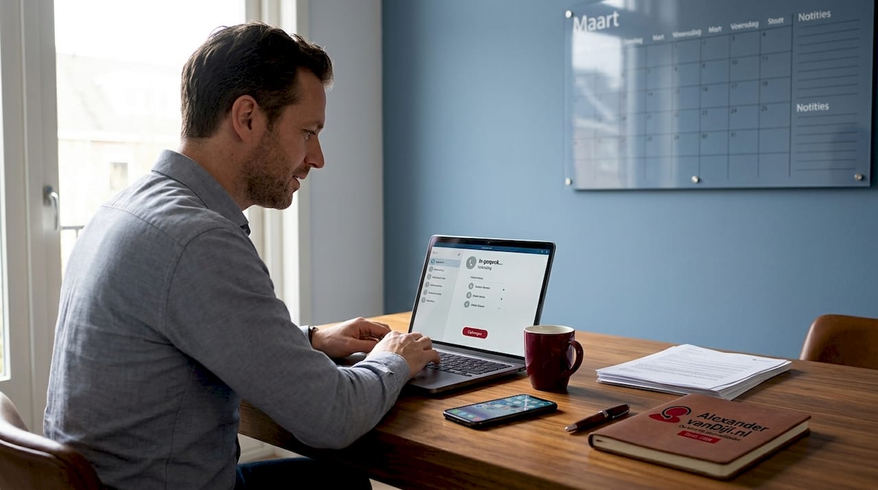 Man voert VoIP-telefoongesprek aan de keukentafel in zijn appartement