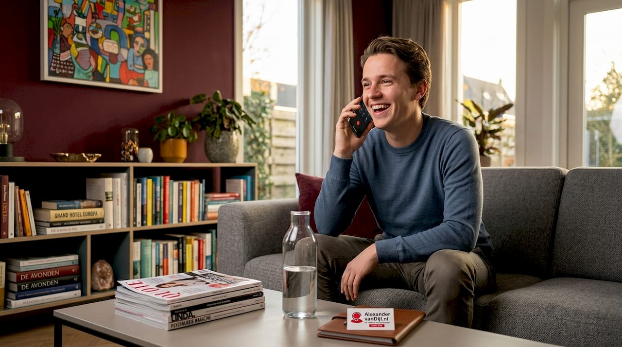 Man zit in de woonkamer te bellen en bekijkt een wereldkaart op zijn smartphone
