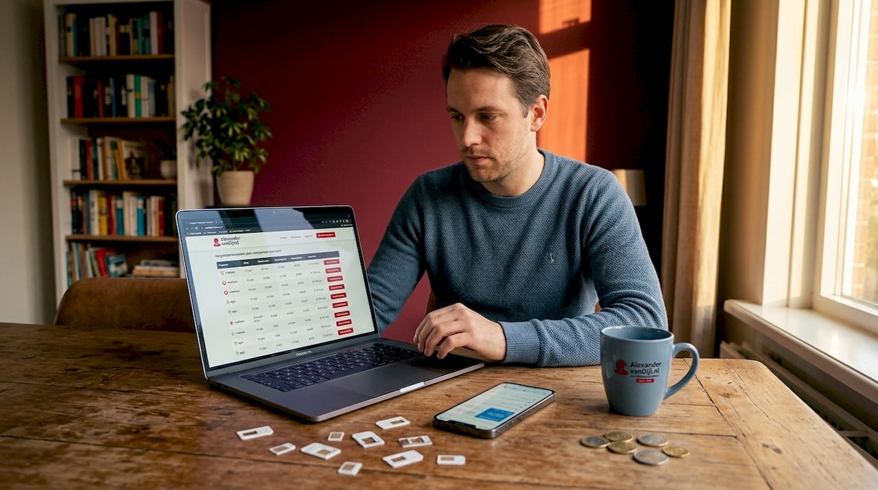 Man zit aan de keukentafel verschillende sim only-abonnementen met elkaar te vergelijken.
