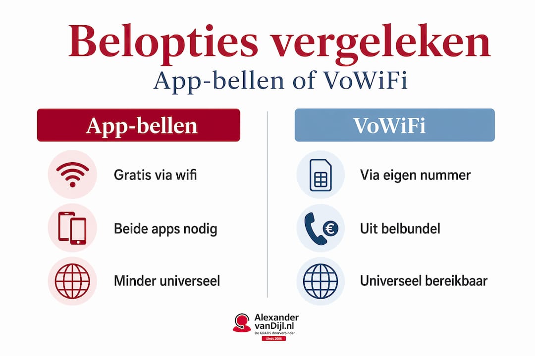 Infographic zet de belangrijkste verschillen tussen bellen via apps en VoWiFi overzichtelijk op een rij.
