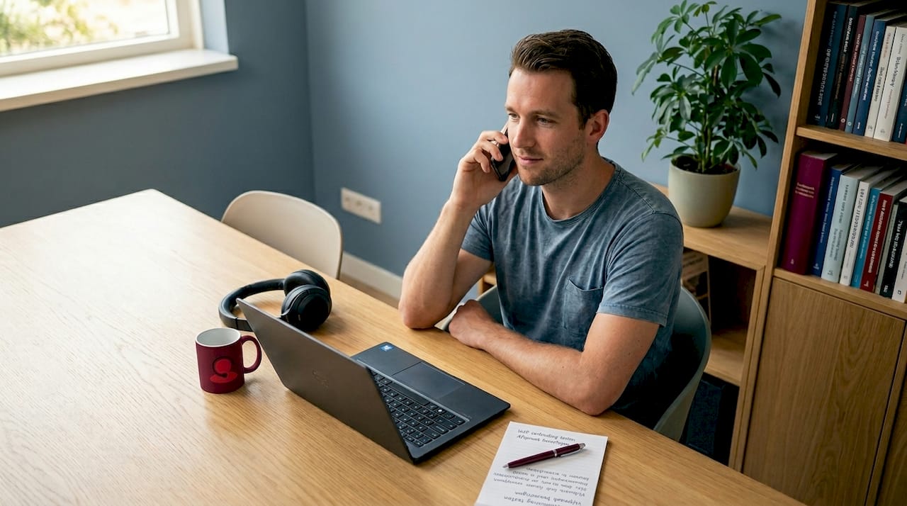 Man voert een VoIP-gesprek vanuit zijn moderne thuiswerkplek