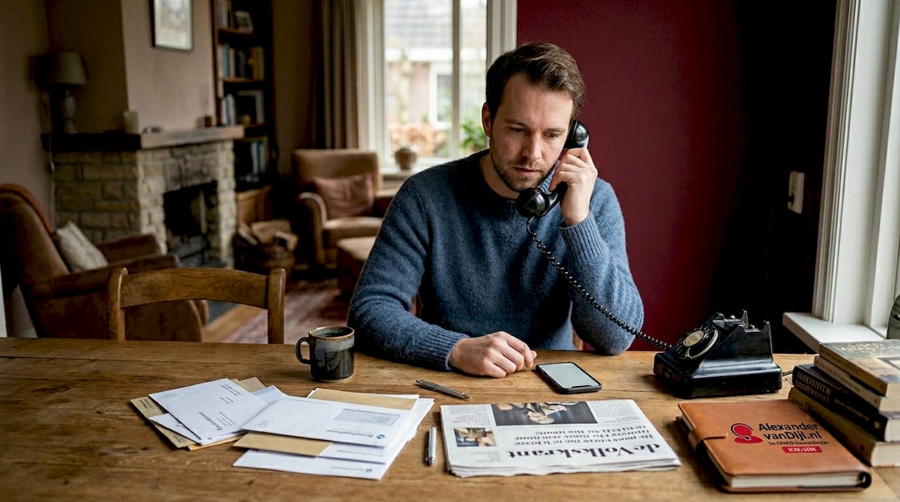 Man voert een telefoongesprek via de vaste lijn, terwijl zijn smartphone naast hem ligt