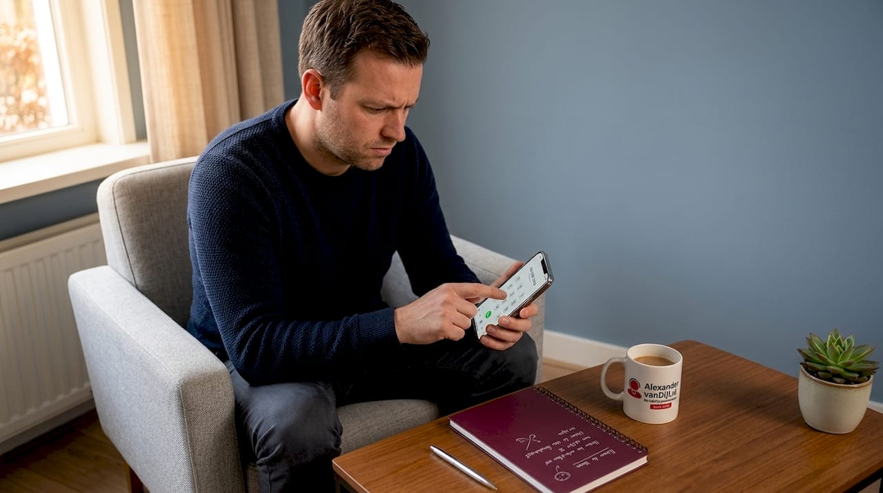 Een man tikt zijn mobiele nummer in op zijn smartphone terwijl hij in de woonkamer zit.