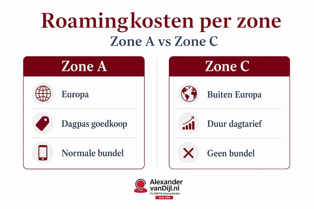 In deze infographic zetten we de roamingkosten van zone A en zone C overzichtelijk naast elkaar.