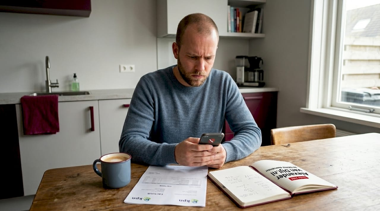 Man kijkt peinzend naar zijn vergrendelde telefoon aan de keukentafel