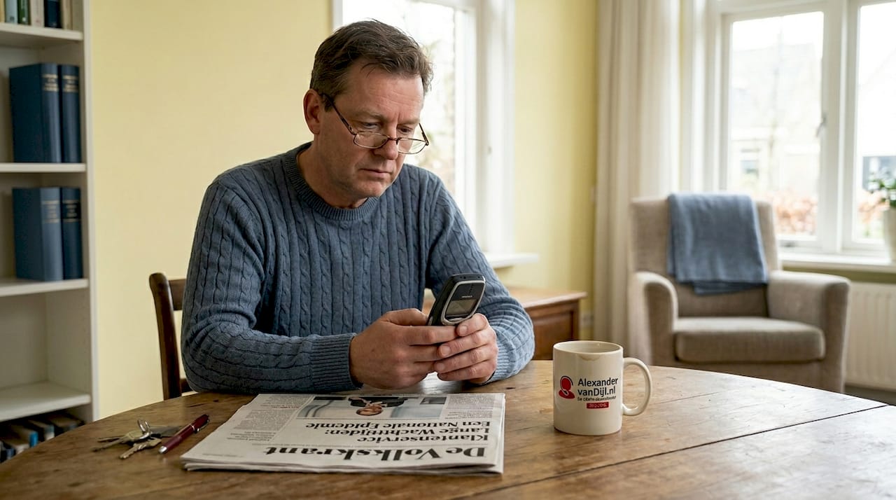 Man zit aan de keukentafel met een ouderwetse mobiele telefoon