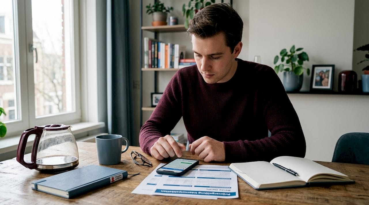 Iemand zit thuis op de bank met zijn smartphone en vergelijkt verschillende mobiele providers om te kijken welke het beste bij hem past.