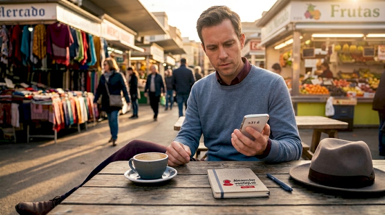 Iemand die vanuit het buitenland een Nederlands mobiel nummer intoetst op zijn telefoon.