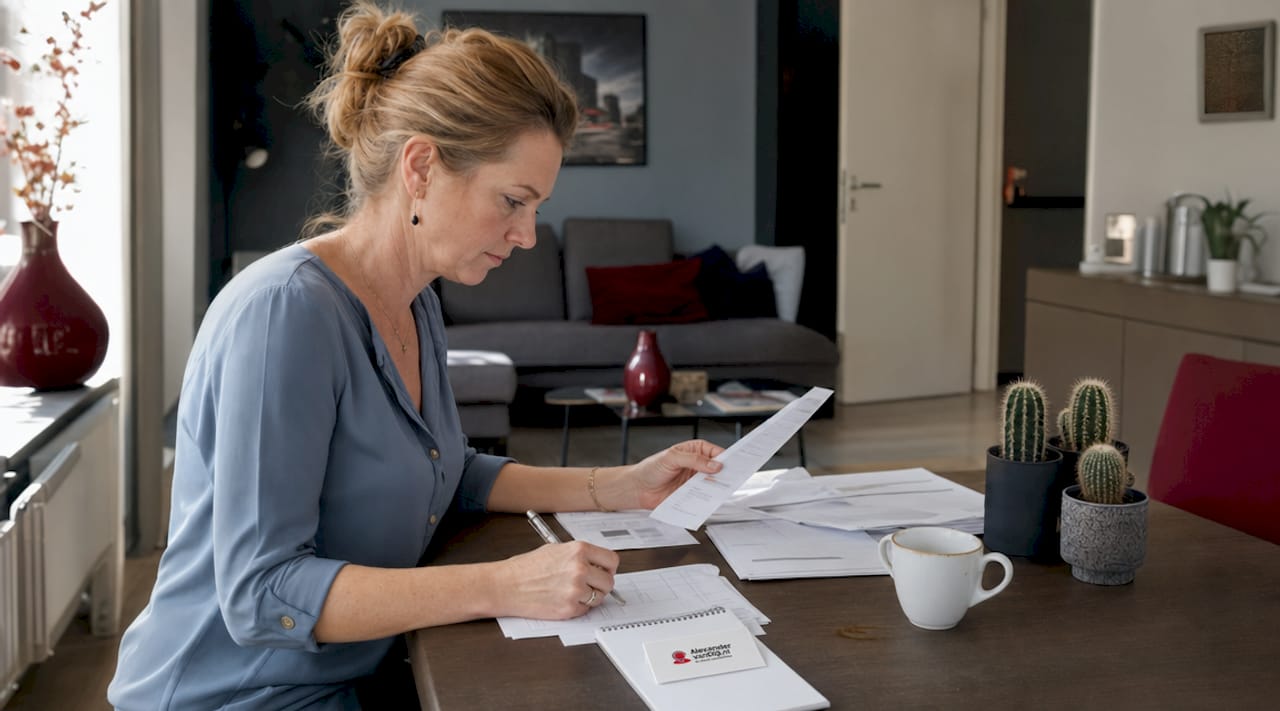 Thuis zit een vrouw aandachtig haar telefoonrekening door te nemen.