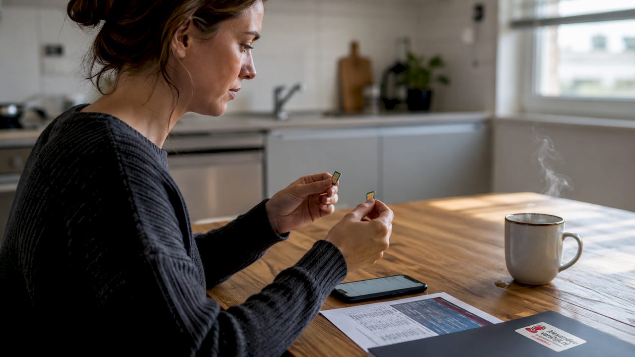 Twee handen die simkaarten naast elkaar houden om ze te vergelijken.